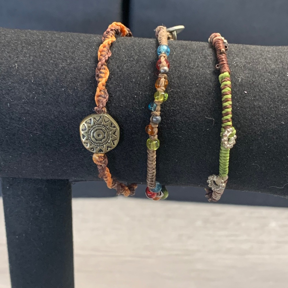 Wakami Set of 3 Woven Macrame Beaded Bracelets Boho Stackable Brown Green Orange